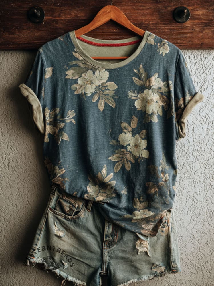 Vintage Floral Print Casual Short Sleeve T-shirt