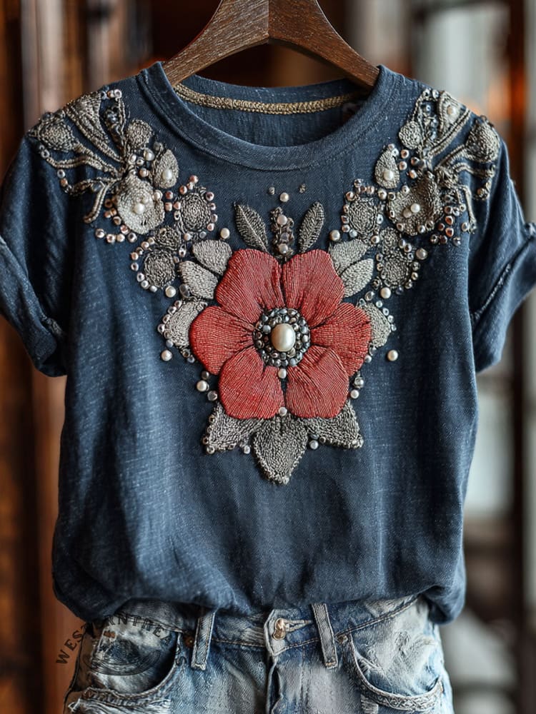 Vintage Floral Print Casual Short Sleeve T-shirt