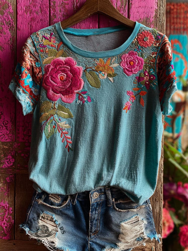 Vintage Floral Print Casual Short Sleeve T-shirt