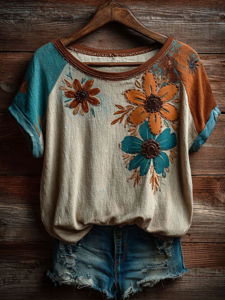 Vintage Floral Print Casual Short Sleeve T-shirt