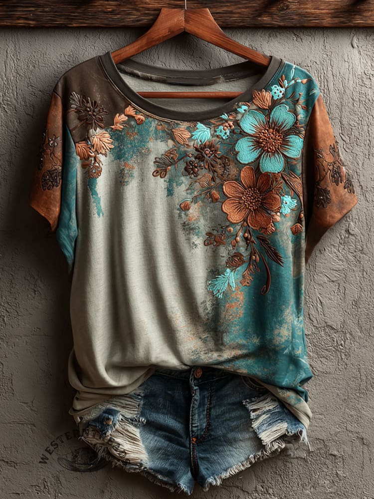 Vintage Floral Print Casual Short Sleeve T-shirt