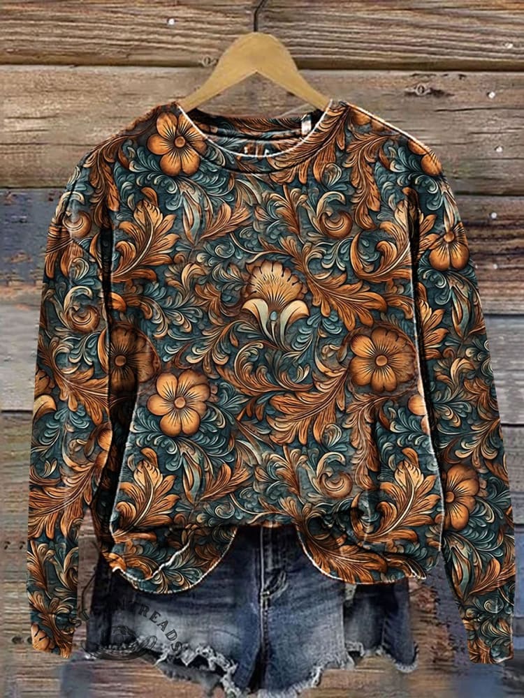 Vintage Floral Print Casual Sweatshirt