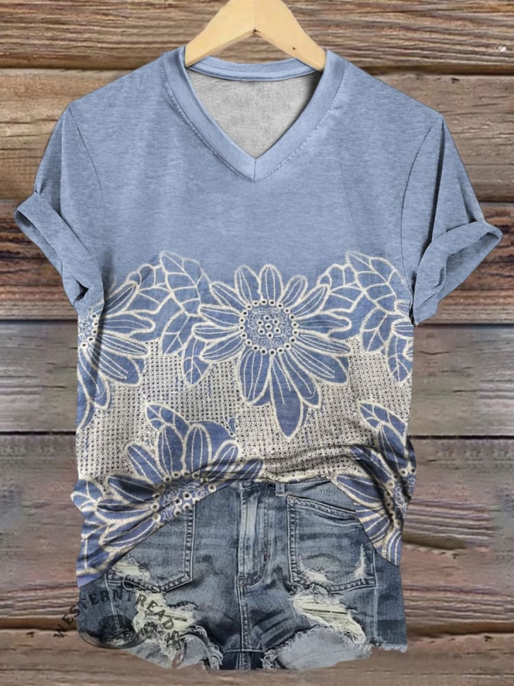Vintage Floral Print Casual T-shirt - Image 2