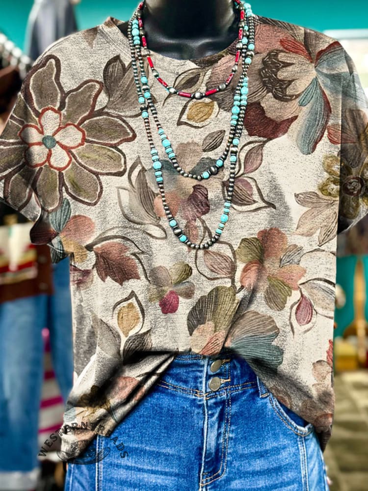 Vintage Floral Print Casual T-shirt