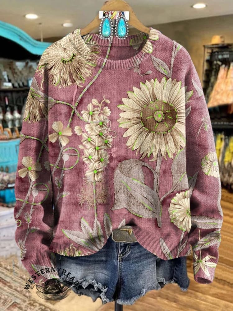 Vintage Floral Print Crew Neck Sweatshirt - Image 4