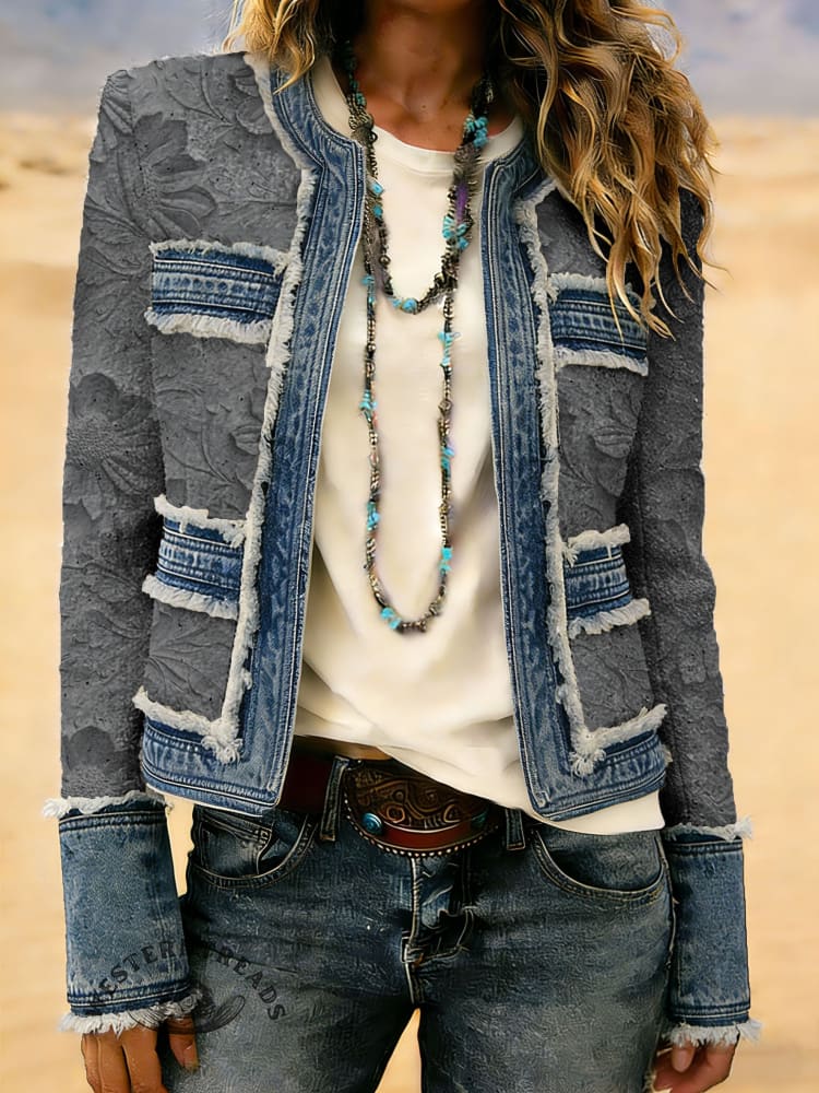 Vintage Floral Print Patchwork Denim Jacket - Image 2