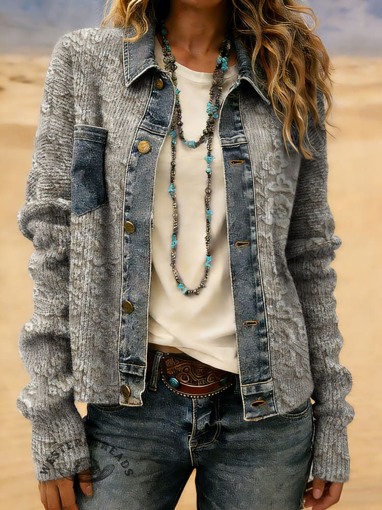 Vintage Floral Print Patchwork Denim Knit Pullover Sweater