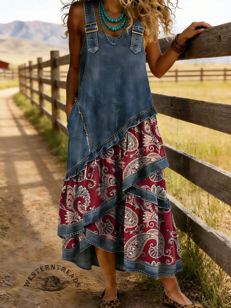Vintage Floral Print Sleeveless Multi-layered Ruffled Strap Dress