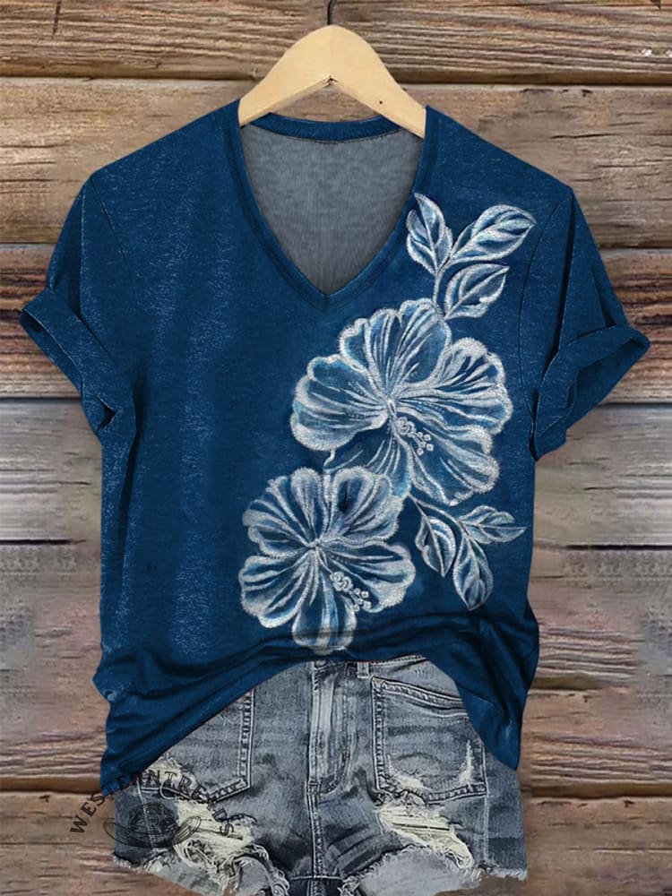 Vintage Floral Print V-neck Casual T-Shirt