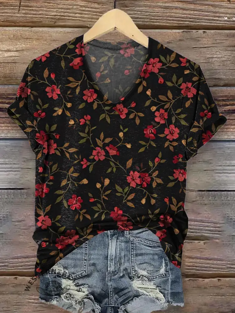 Vintage Floral Print V-neck T-shirt