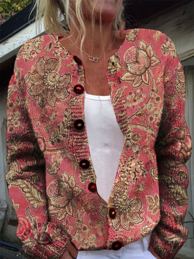 Vintage Floral Prints Buttoned Cardigan Sweater