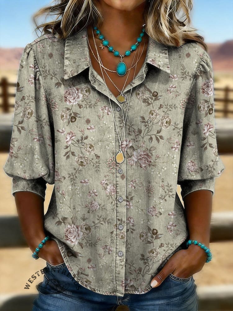 Vintage Floral Prints Casual Cotton Shirt