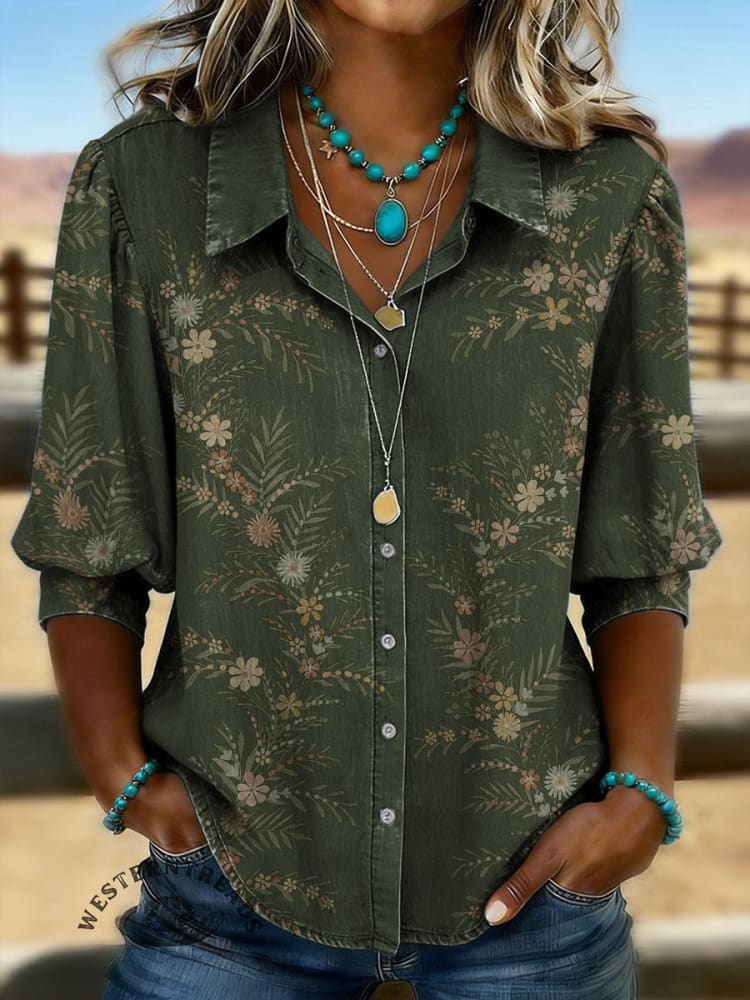 Vintage Floral Prints Casual Cotton Shirt