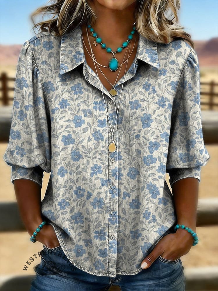 Vintage Floral Prints Casual Cotton Shirt
