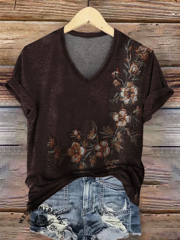 Vintage Floral Prints Casual T-shirt - Image 2