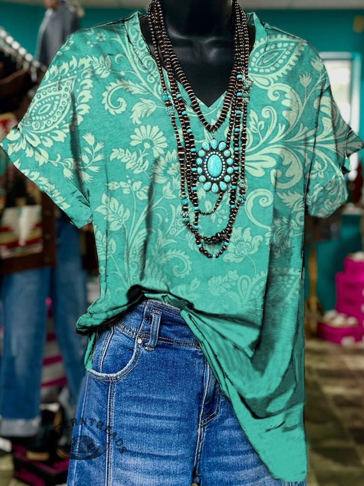 Vintage Floral Prints V-neck Casual T-Shirt