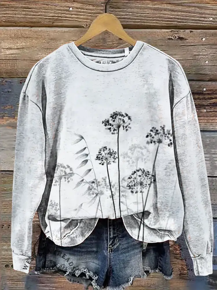 Vintage Flower Art Print Casual Cotton Sweatshirt