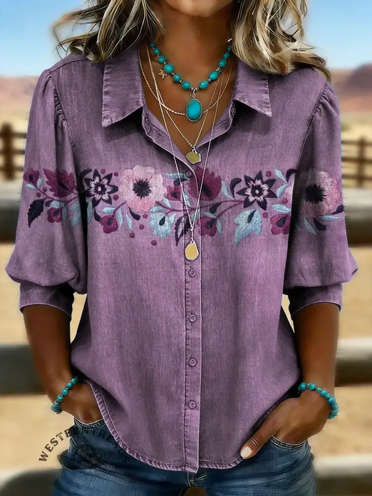 Vintage Flower Print Casual Cotton Shirt