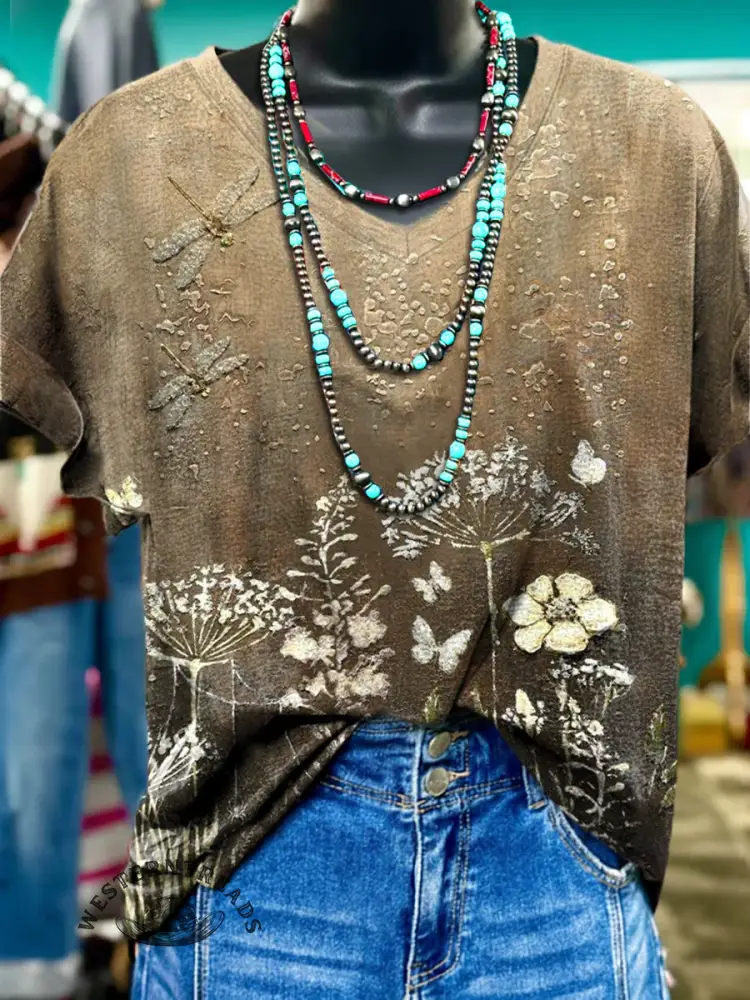 Vintage Flower Visual Pattern V-neck T-shirt
