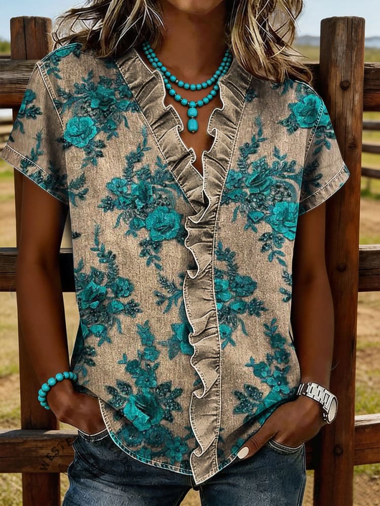 Vintage Flowers Art Print Short Sleeve Ruffled Denim Shirt