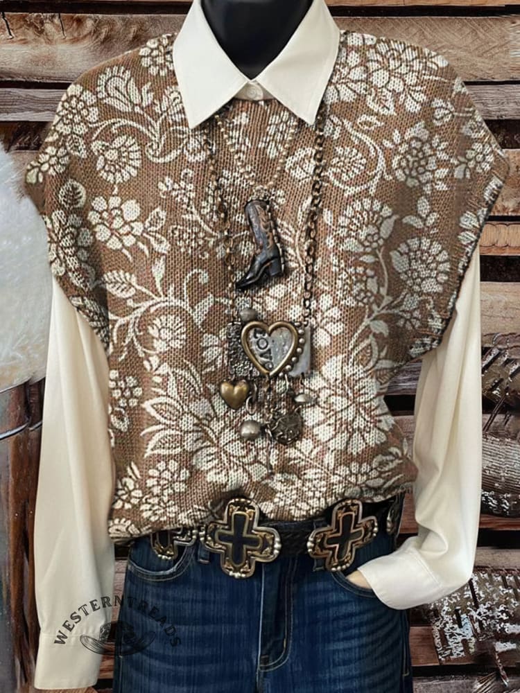 Vintage Flowers Print Casual Crew Neck Short Sleeve Knitted Sweater