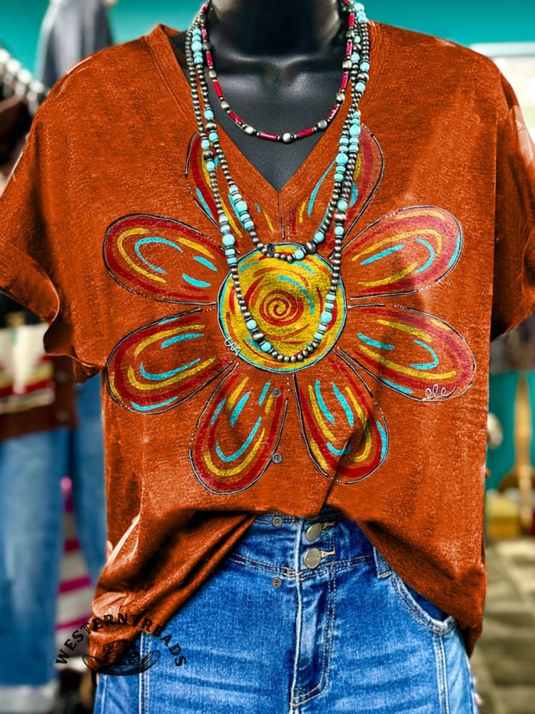 Vintage Flowers Printed Casual Short-sleeved T-shirt - Image 2