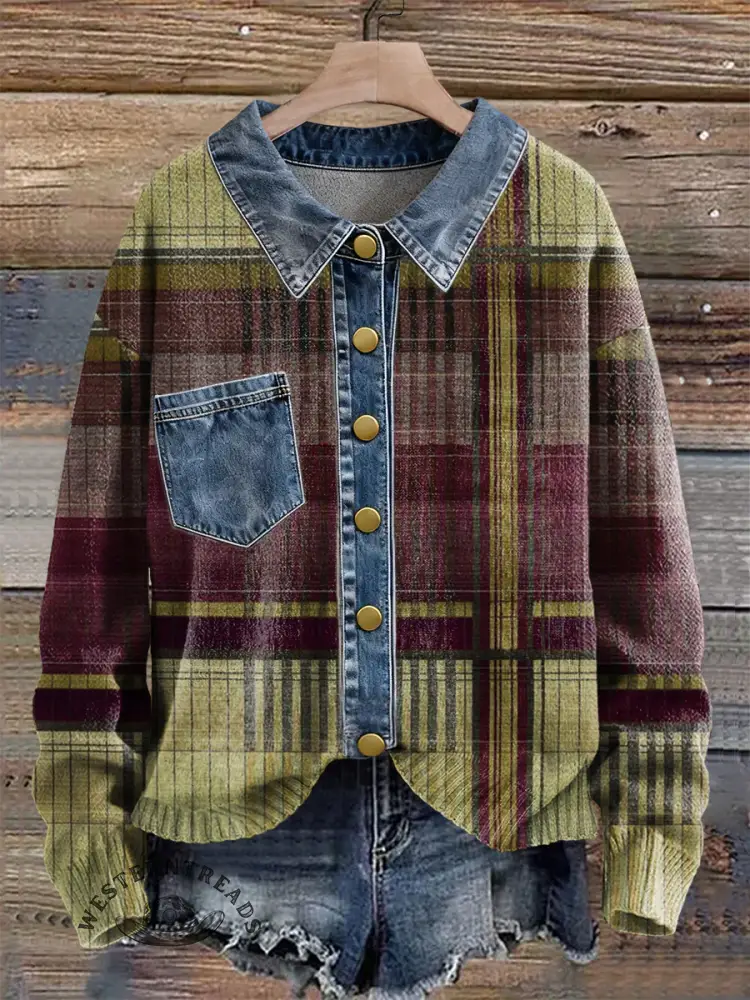 Vintage Geometric Grid Contrast Print Patchwork Denim Knit Pullover Sweater