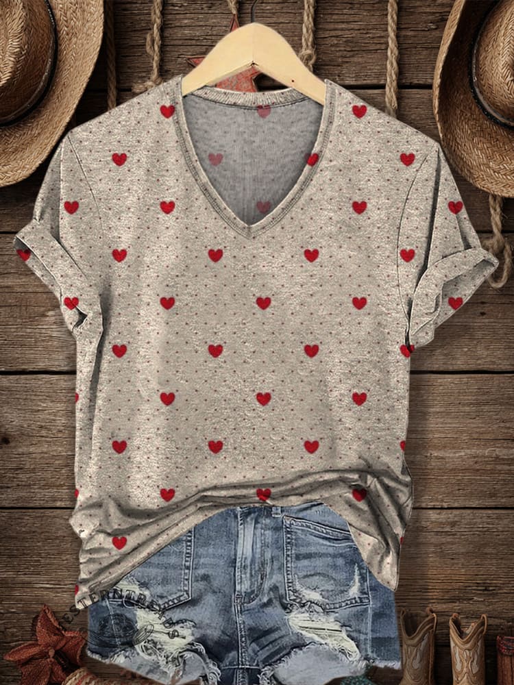 Vintage Heart Print Casaul Short Sleeve T-shirt