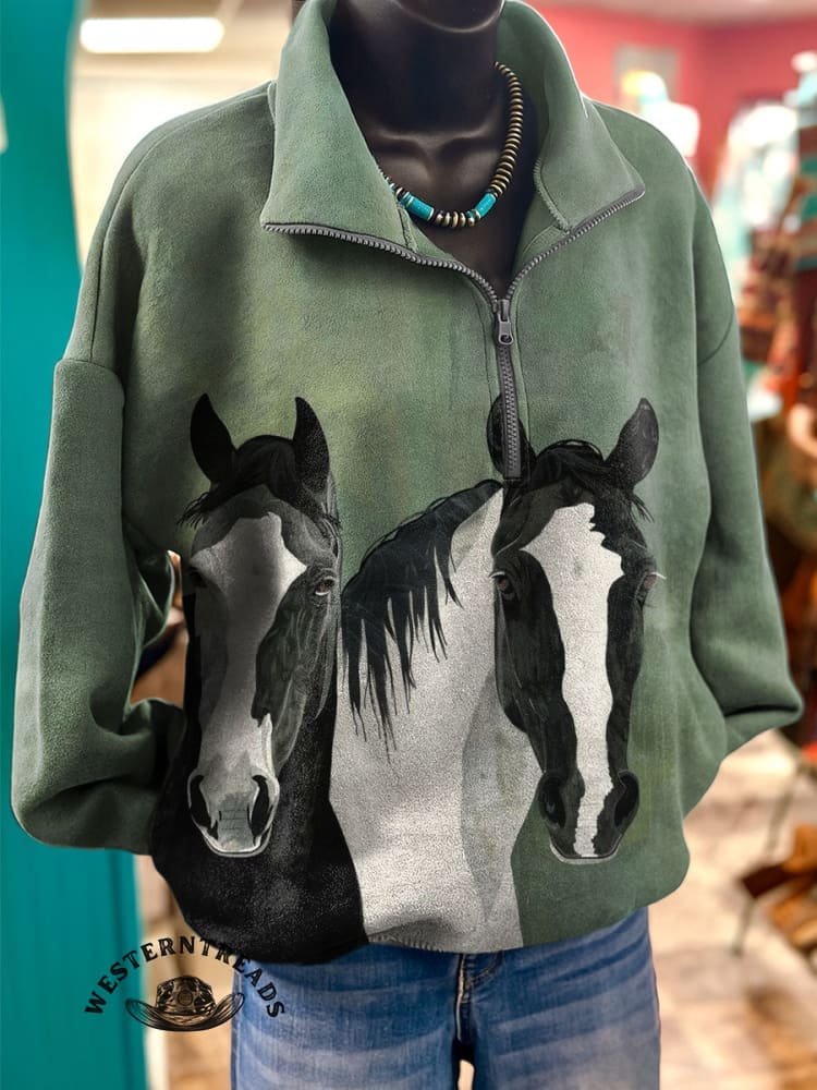 Vintage Horse Art Print Casual Cotton Sweatshirt - Image 2