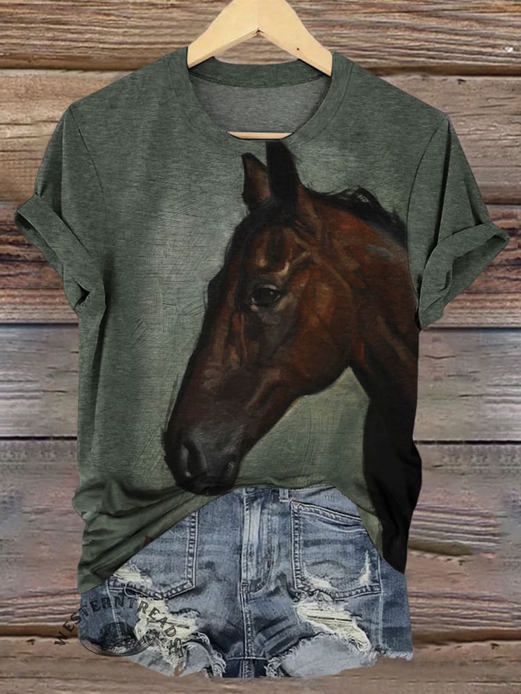 Vintage Horse Art Print Casual T-shirt