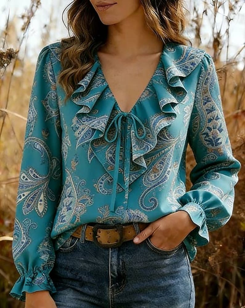Vintage Paisley Ruffle V-neck Long Sleeve Top