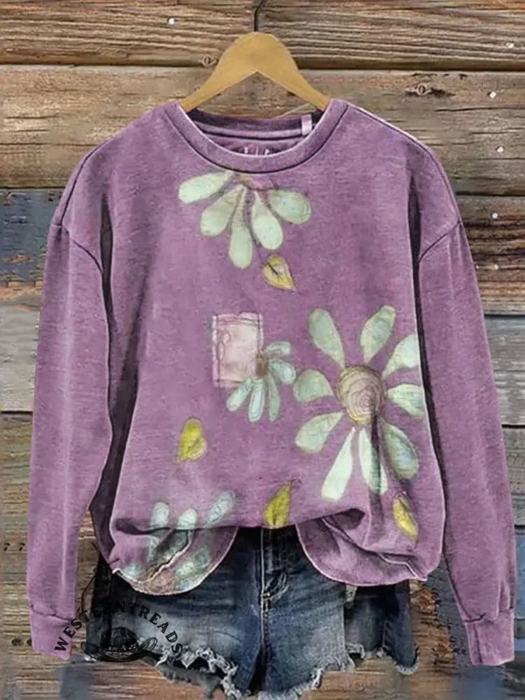 Vintage Patchwork Flowers Art Print Casual Cotton Sweatshirt - Image 2