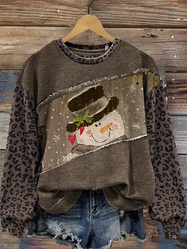 Vintage Patchwork Leopard Print Christmas Sweatshirt