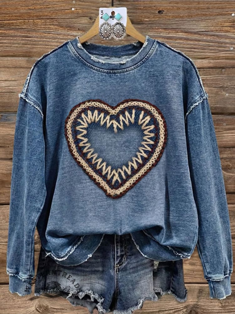 Vintage Patchwork Valentine's Day Denim Sweatshirt Top