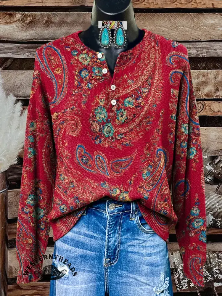Vintage Paisley Art Print Casual Cotton Sweatshirt - Image 2