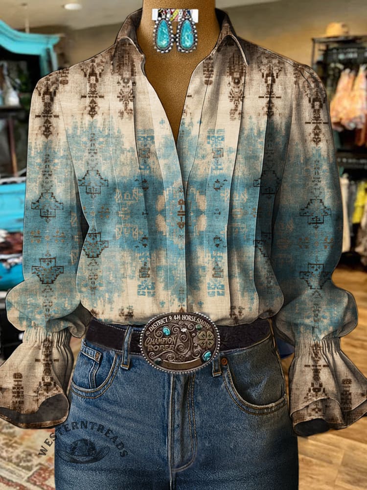 Vintage Print Casual  Cotton And Linen Shirt