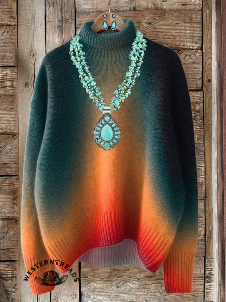 Vintage Print Knit Turtleneck Pullover Sweater - Image 3
