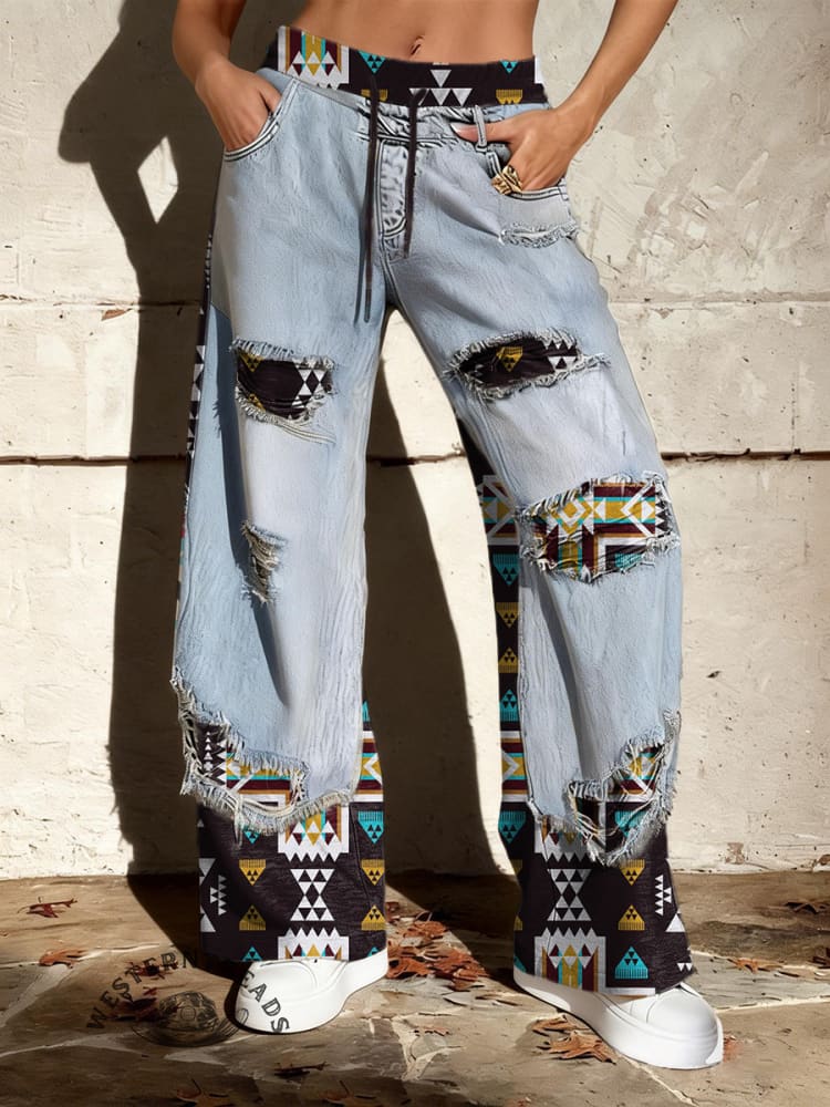Vintage Prints Denim Patchwork Casual Pants