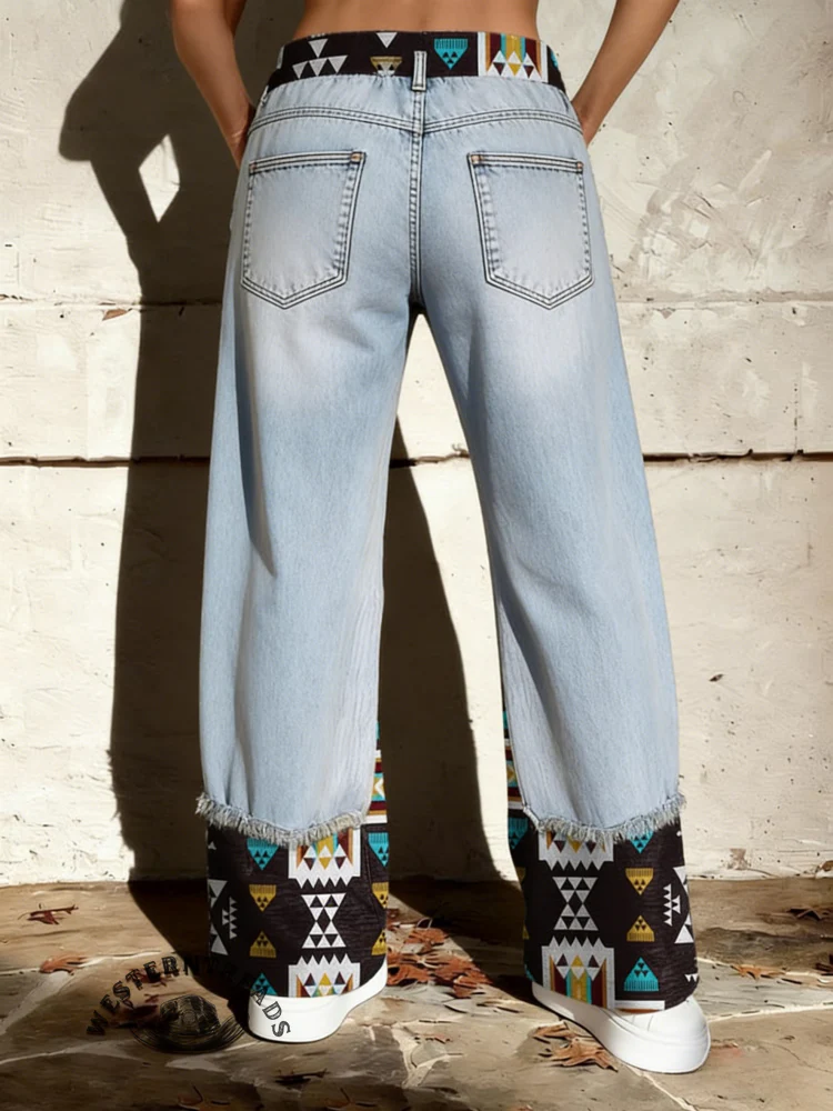 Vintage Prints Denim Patchwork Casual Pants - Image 2