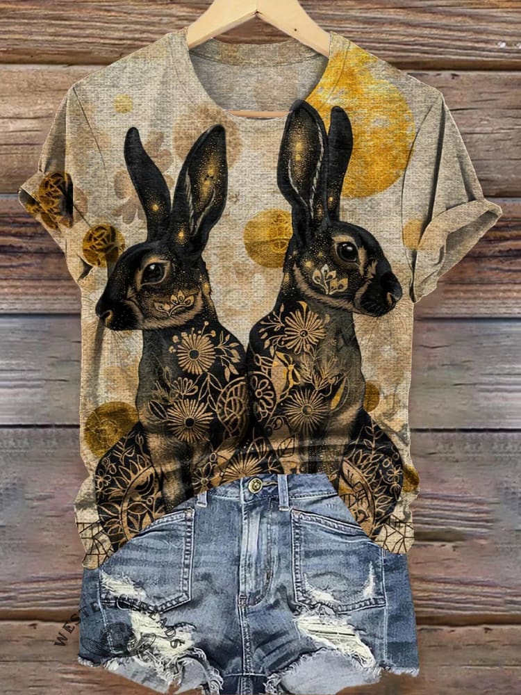 Vintage Rabbit Art Print Casual T-shirt