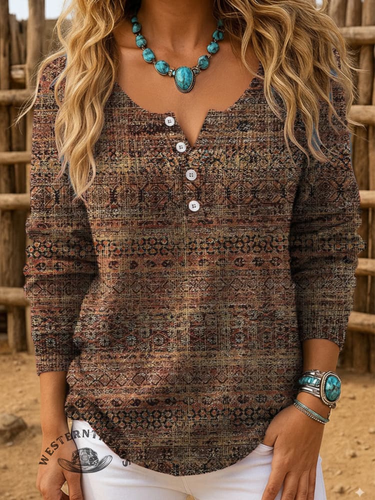 Vintage TexturePrint Buttoned Cardigan Sweater
