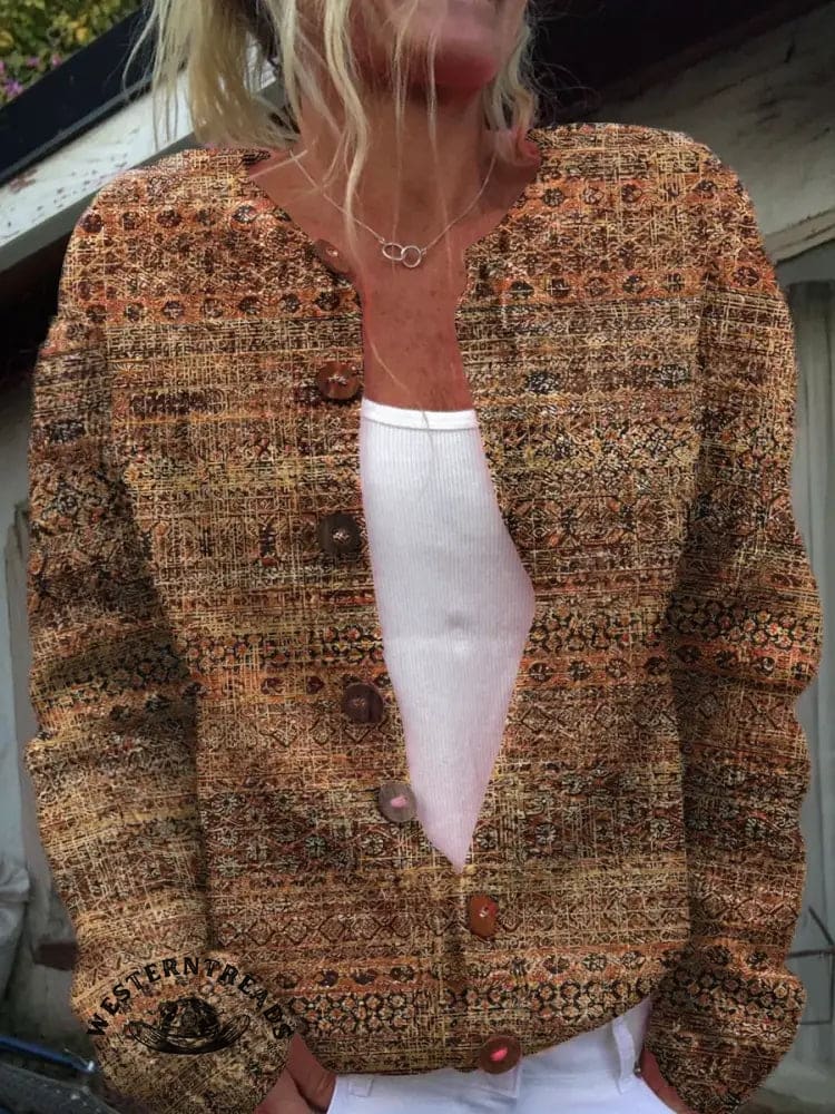 Vintage TexturePrint Buttoned Cardigan Sweater - Image 3
