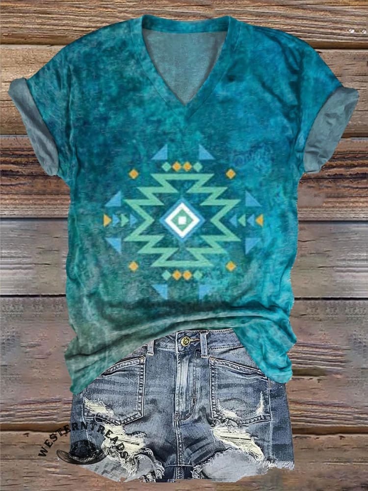 Vintage Turquoise Aztec Print T-shirt - Image 2