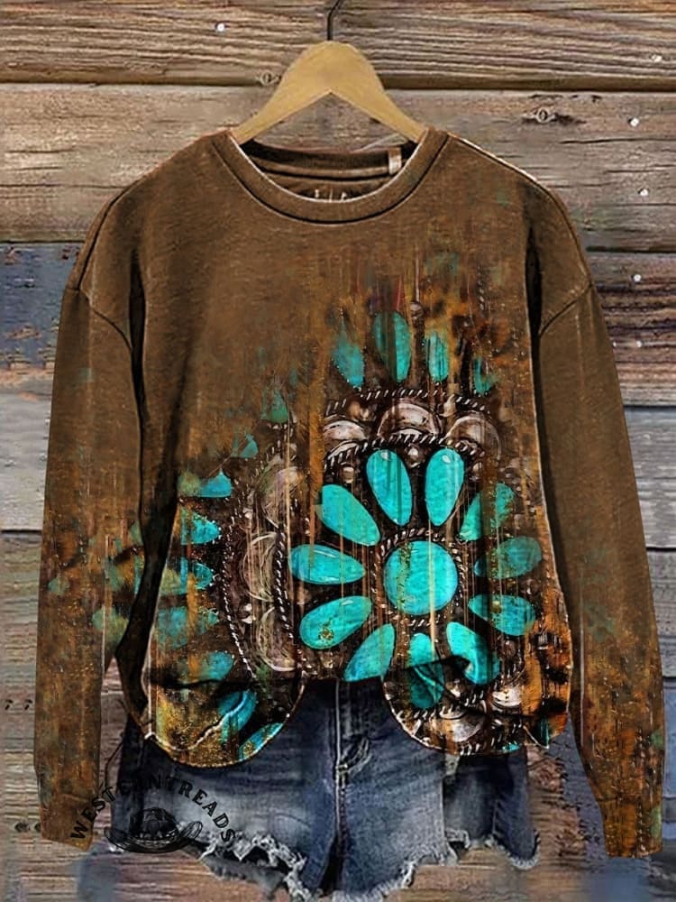 Vintage Turquoise Textured Print Casual V-Neck T-Shirt - Image 3