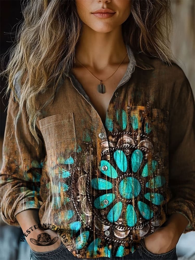 Vintage Turquoise Textured Print Casual V-Neck T-Shirt - Image 5