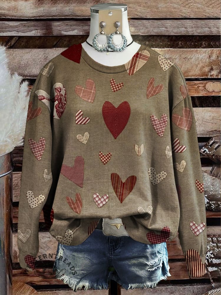 Vintage Valentine's Day Heart Pattern Casual Cotton Sweatshirt
