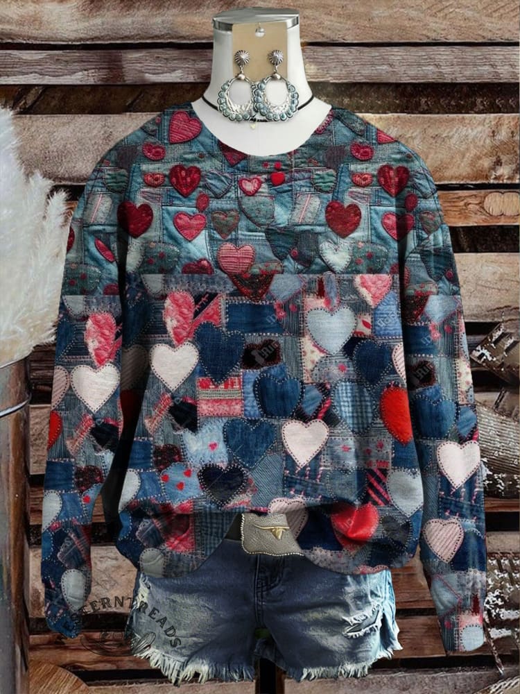 Vintage Valentine's Day Heart Pattern Casual Cotton Sweatshirt