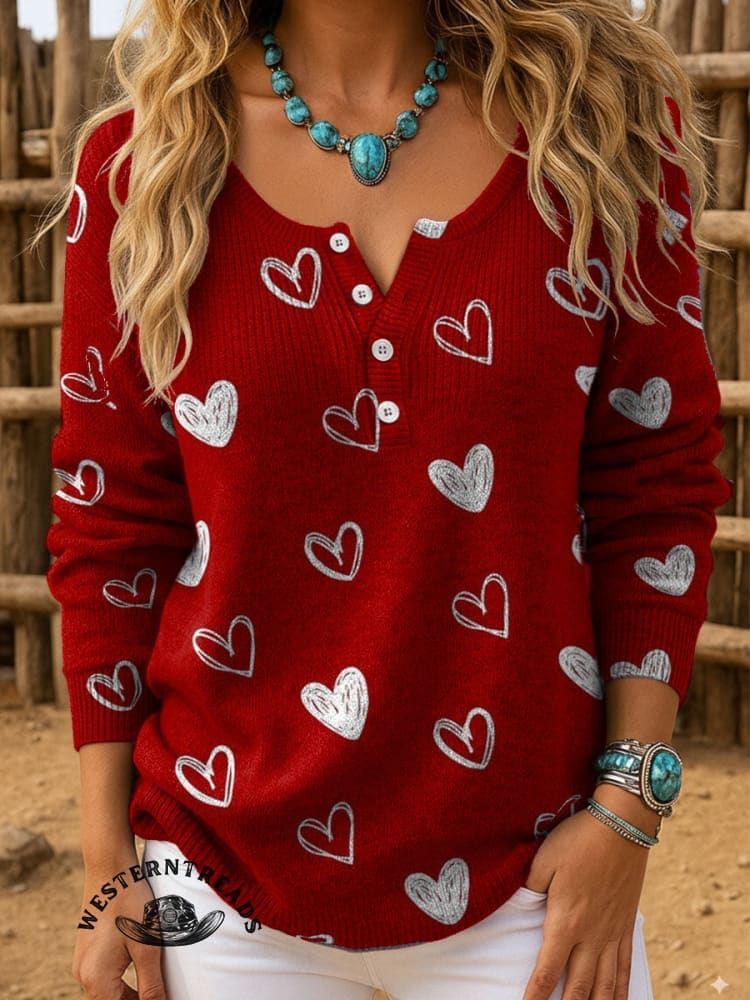 Vintage Valentine's Day Hearts Art Print Buttoned Cardigan Sweater