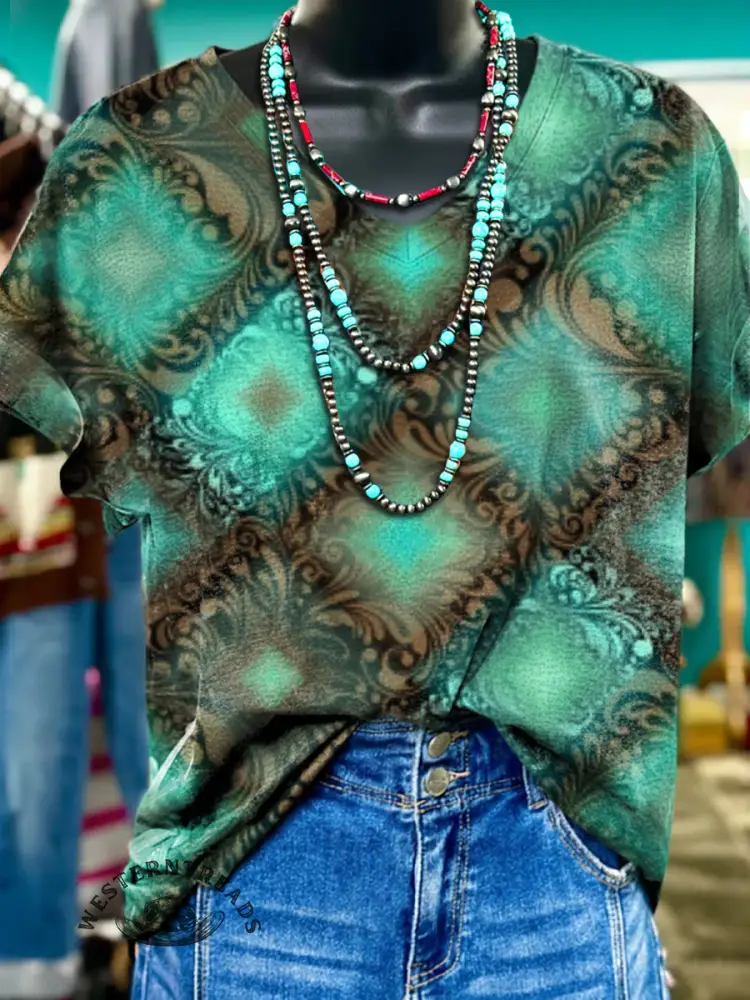 Vintage Visual Pattern V-neck T-shirt