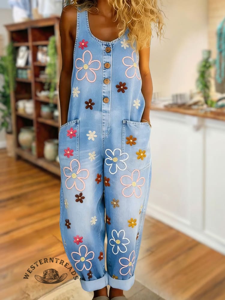 Vintage Western Art Buttons Denim Jumpsuit